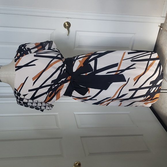 💐 Vintage 80s NEW YORK & COMPANY Dress Ivory Black Rust Tie Waist SIZE 12 - Picture 4 of 8